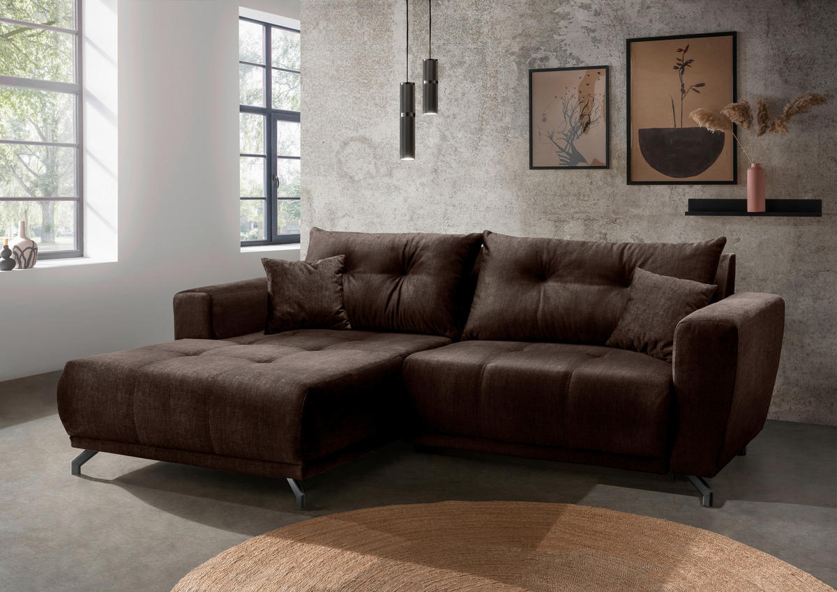ECKSOFA RESTATO Dunkelbraun Velours  - Dunkelbraun/Schwarz, MODERN, Textil/Metall (177/246cm) - MID.YOU