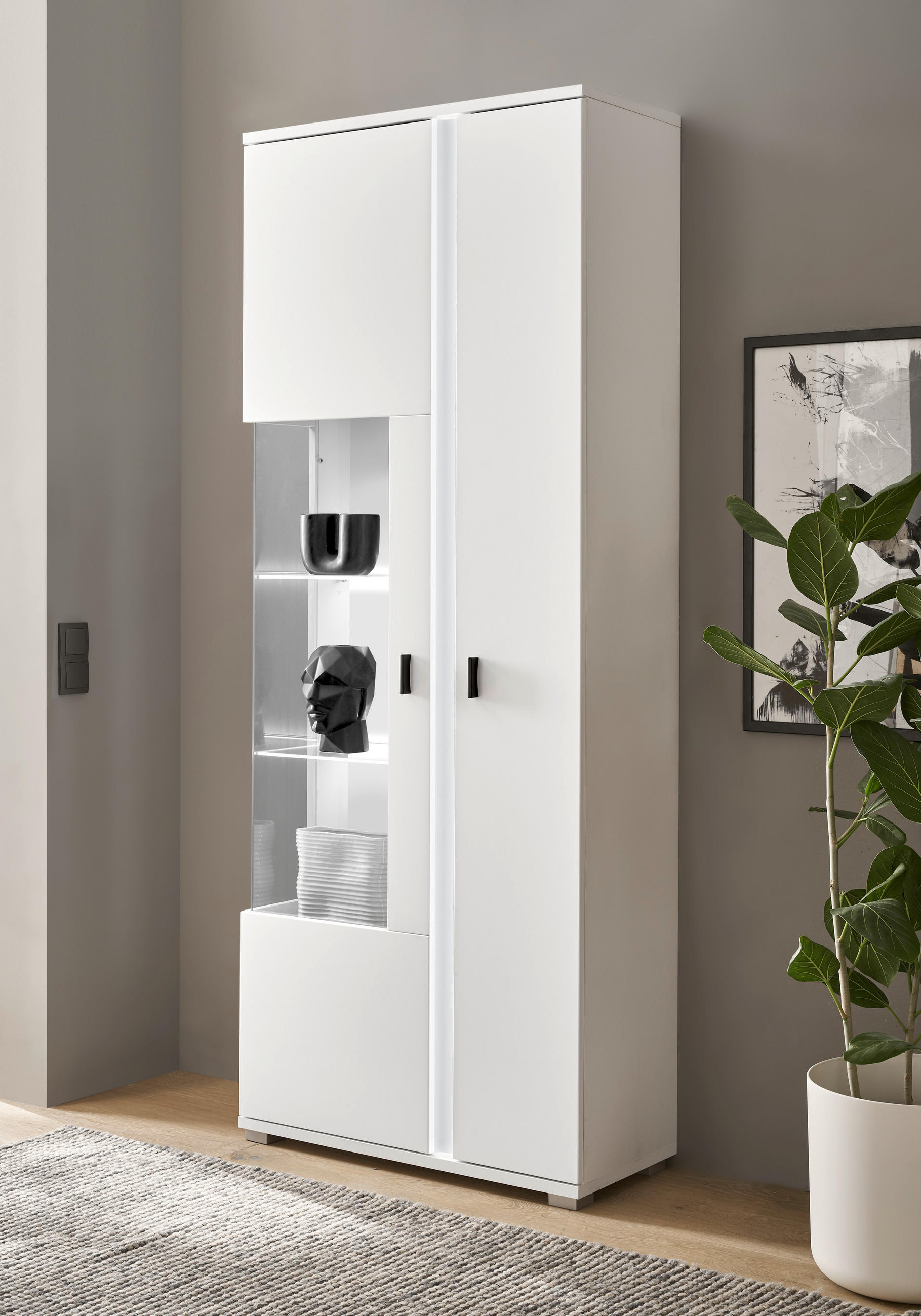 VITRINE in Weiß  - Silberfarben/Schwarz, Design, Glas/Holzwerkstoff (80/200/35cm) - MID.YOU