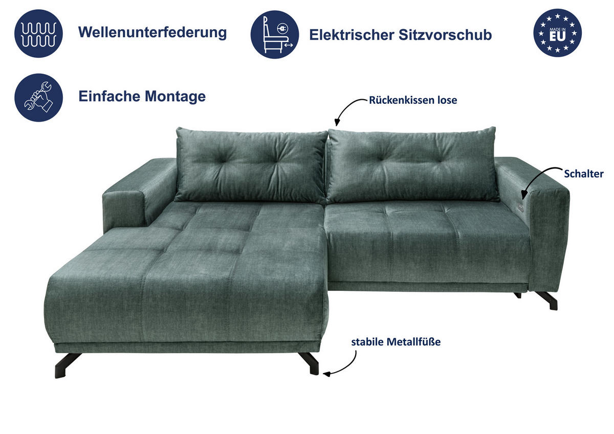 ECKSOFA RESTATO Grün Velours  - Schwarz/Grün, MODERN, Textil/Metall (177/246cm) - MID.YOU
