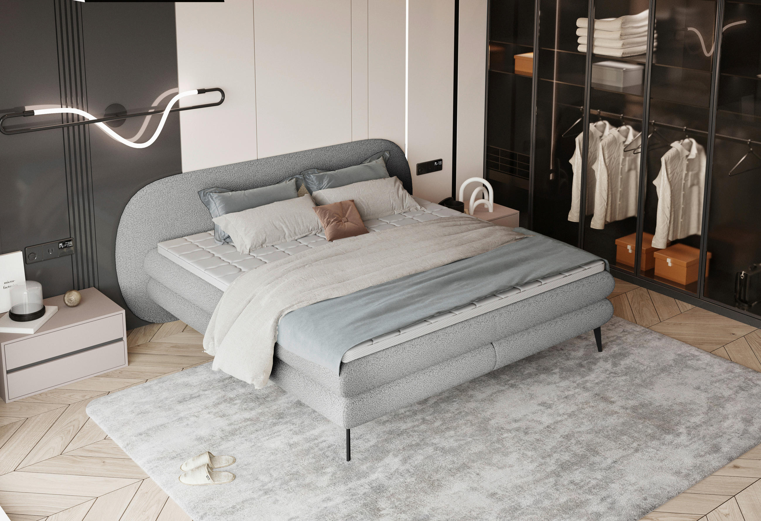 PAT BOXSPRING  in gri deschis  - gri deschis/negru, Modern, metal/textil (228/100/220cm) - Esposa