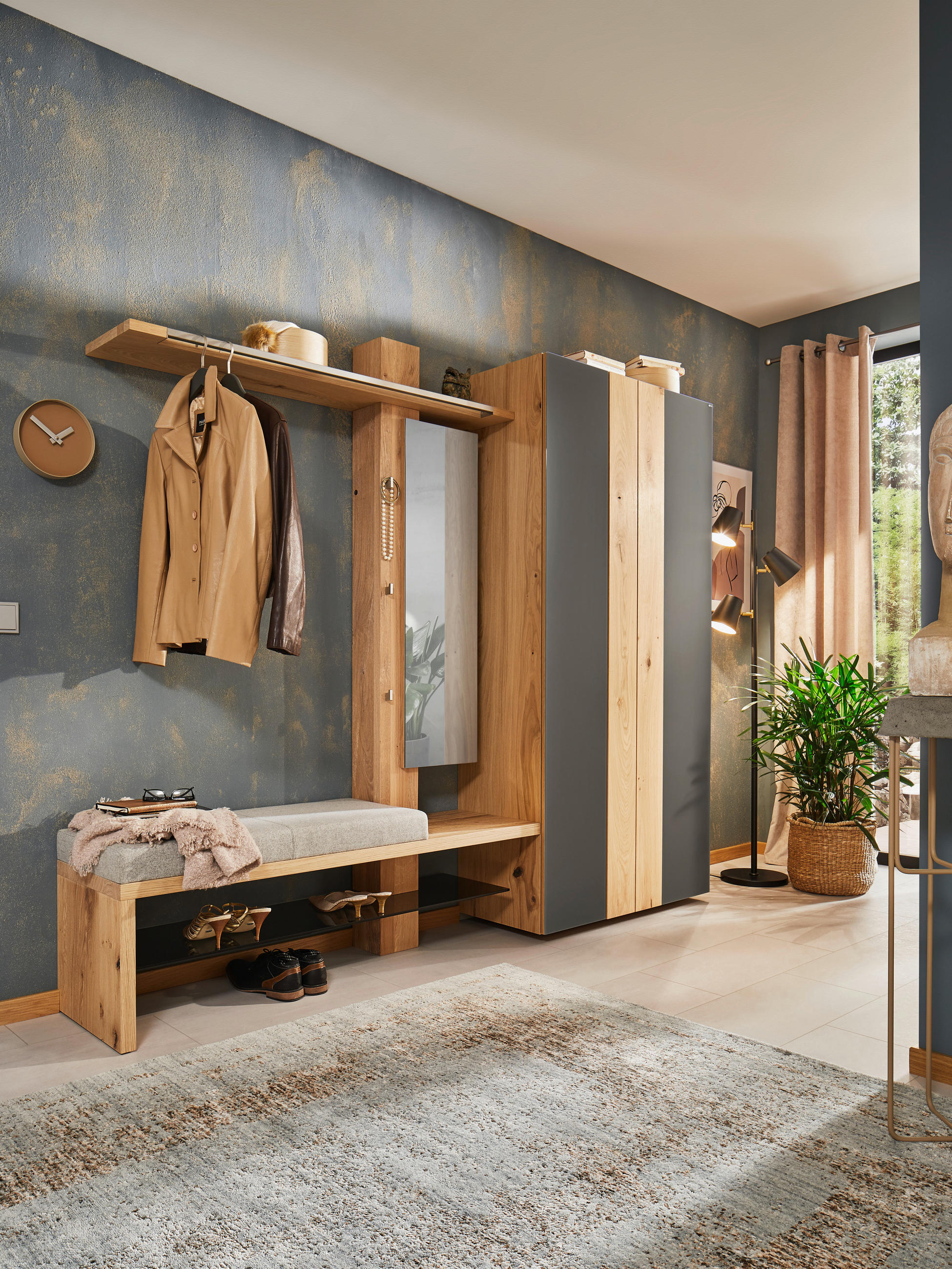 GARDEROBE Grau, Eichefarben  - Eichefarben/Grau, Design, Glas/Holz (144,1/196/28cm) - Voglauer
