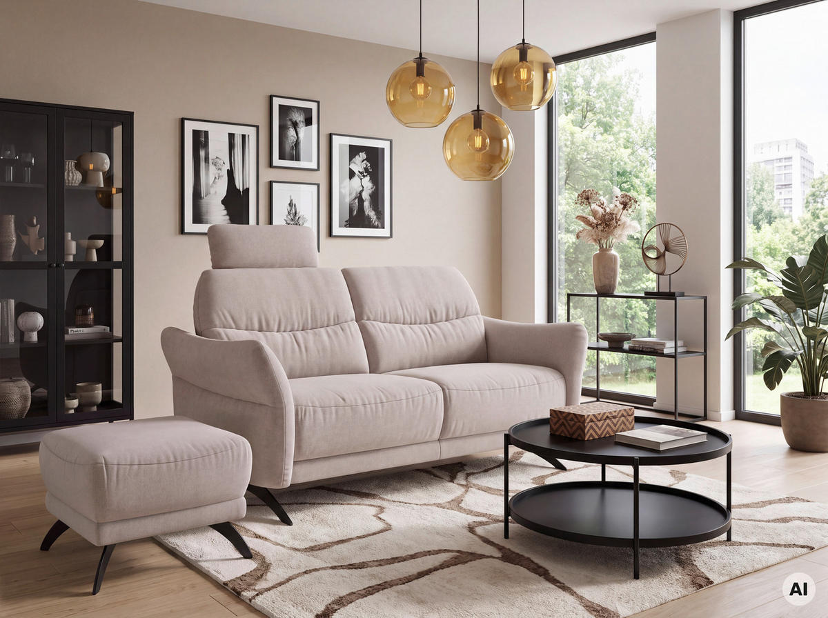 2-SITZER-SOFA Flachgewebe Sandfarben  - Sandfarben/Schwarz, Konventionell, Textil/Metall (163/91/92cm) - Pure Home Comfort