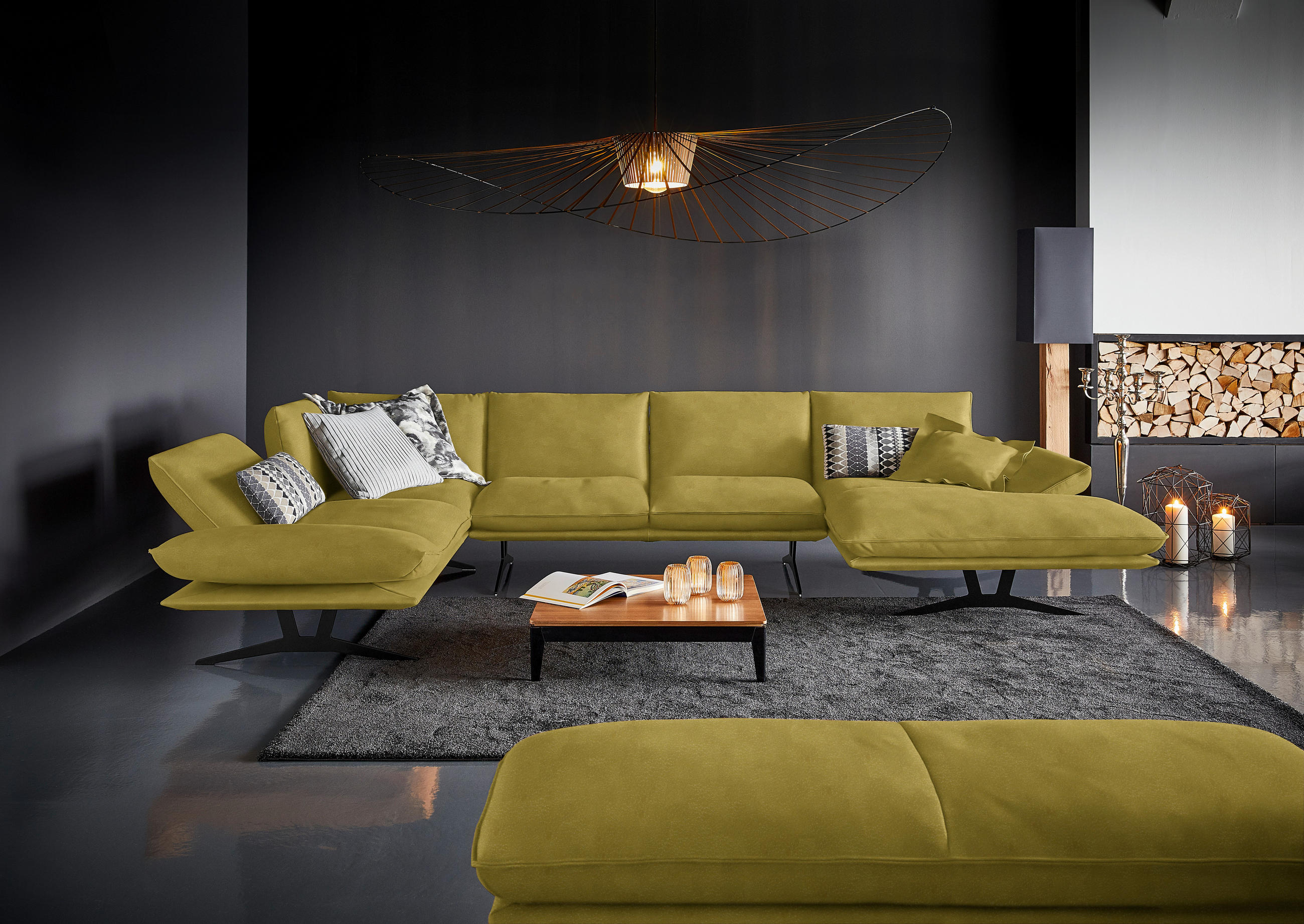 WOHNLANDSCHAFT in Echtleder Hellgrün  - Schwarz/Hellgrün, Natur, Leder/Metall (217/359/155cm) - Dieter Knoll