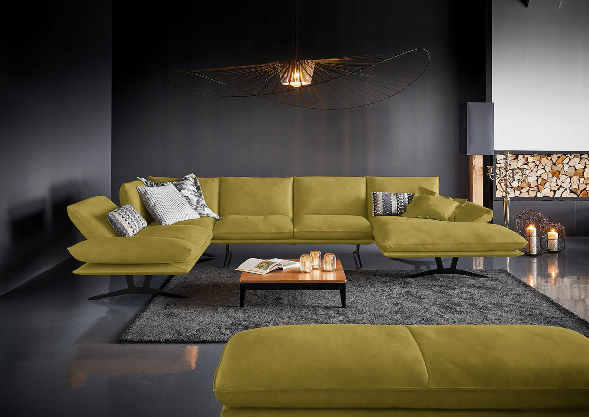 WOHNLANDSCHAFT in Echtleder Hellgrün  - Schwarz/Hellgrün, Natur, Leder/Metall (217/359/155cm) - Dieter Knoll