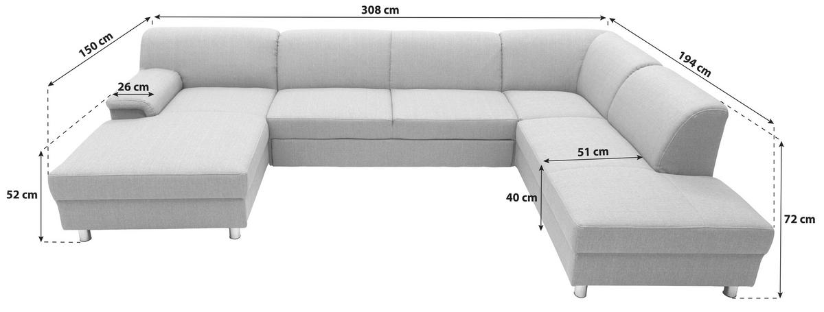 WOHNLANDSCHAFT Silberfarben Webstoff  - Chromfarben/Silberfarben, KONVENTIONELL, Textil/Metall (150/308/195cm) - MID.YOU