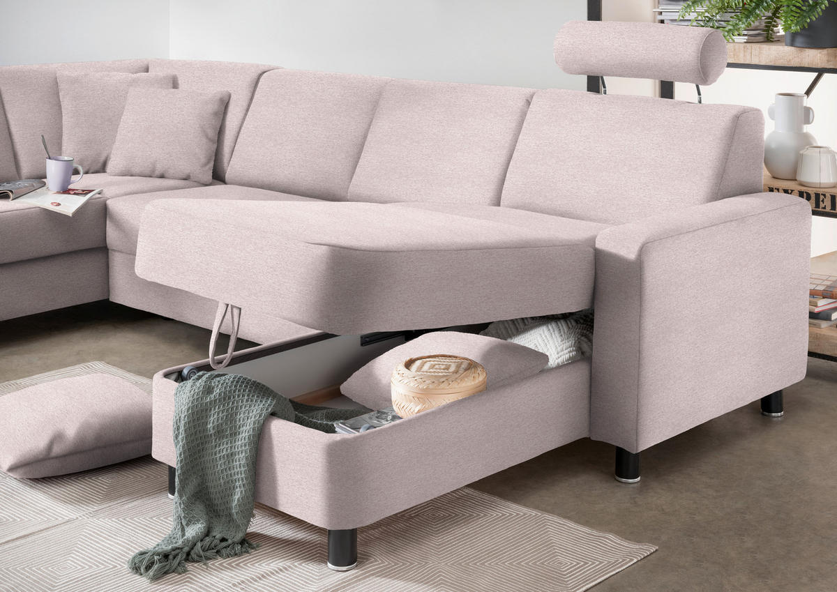 WOHNLANDSCHAFT in Webstoff Hellrosa  - Hellrosa/Schwarz, Design, Holz/Textil (198/296/165cm) - Xora
