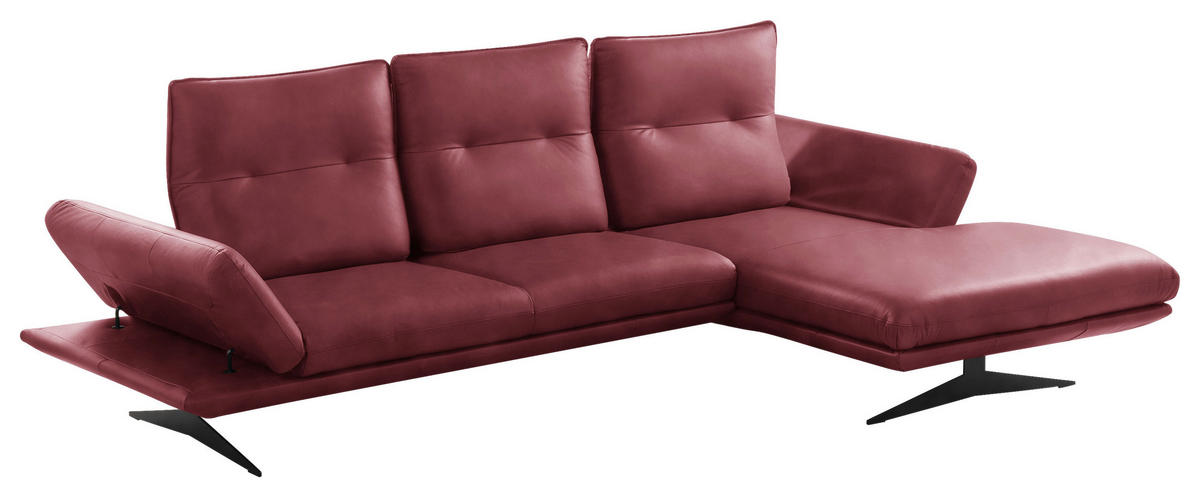 ECKSOFA Kirschrot Echtleder Armteilverstellung, Kopfteilverstellung, Sitztiefenverstellung  - Schwarz/Kirschrot, Design, Leder/Metall (291/180cm) - Celina Home