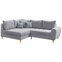 ECKSOFA 175/249 cm  in Mikrovelours Hellgrau Zierkissen, Rückenkissen  175/249 cm  - Hellgrau/Kieferfarben, KONVENTIONELL, Holz/Holzwerkstoff (175/249cm) - MID.YOU