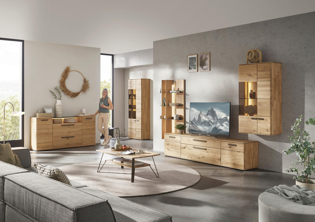 WOHNWAND  in Bronzefarben, Wildeiche  340,1/214/45,2 cm  - Wildeiche/Schwarz, Natur, Glas/Holz (340,1/214/45,2cm) - Valnatura