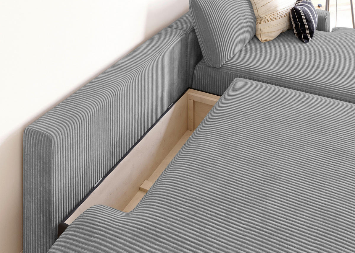ECKSCHLAFSOFA Cord Grau  - Schwarz/Grau, MODERN, Kunststoff/Textil (253/167cm) - Trendmanufaktur