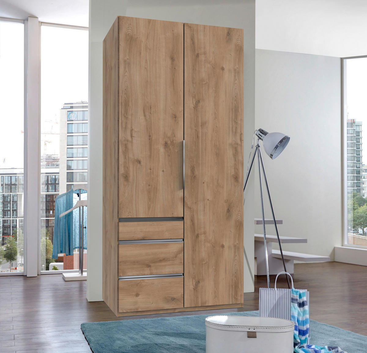 DREHTÜRENSCHRANK - Chromfarben/Plankeneiche, Modern, Holzwerkstoff/Metall (100/216/58cm) - MID.YOU