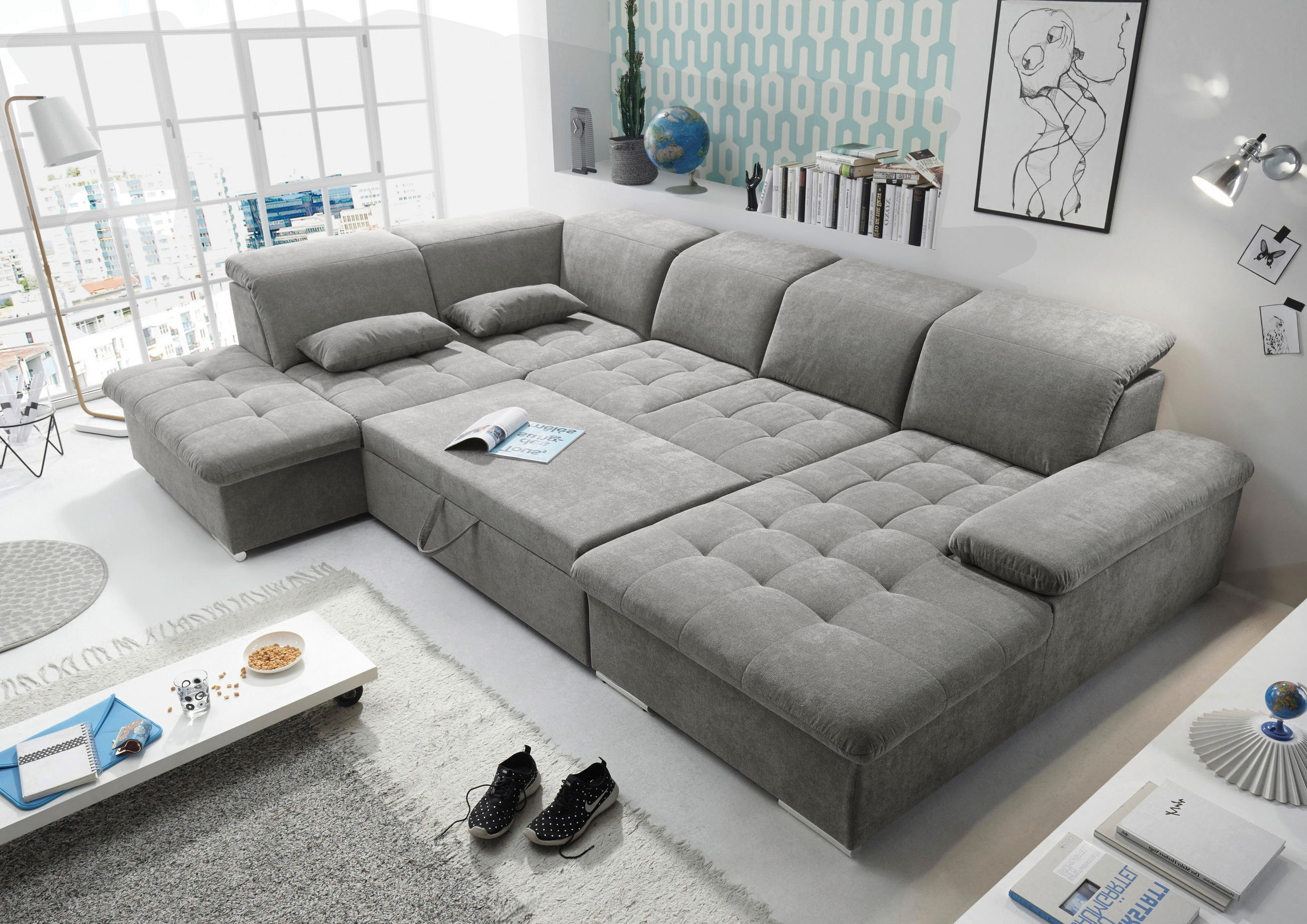 WOHNLANDSCHAFT Schlammfarben Mikrovelours  - Schlammfarben/Silberfarben, KONVENTIONELL, Kunststoff/Textil (240/340/188cm) - MID.YOU