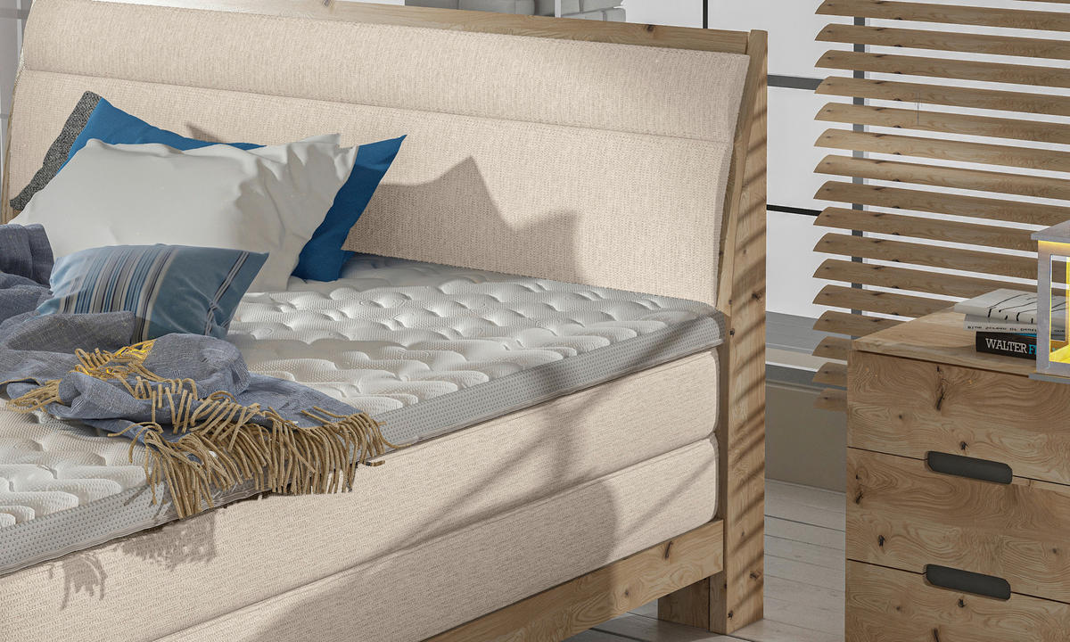 BOXSPRINGBETT 160/200 cm,  in Beige, gepolstertes Kopfteil, Topper, Matratzen, H3 + H3 = fest  - Eichefarben/Beige, Natur, Holz/Textil (160/200cm) - Valnatura