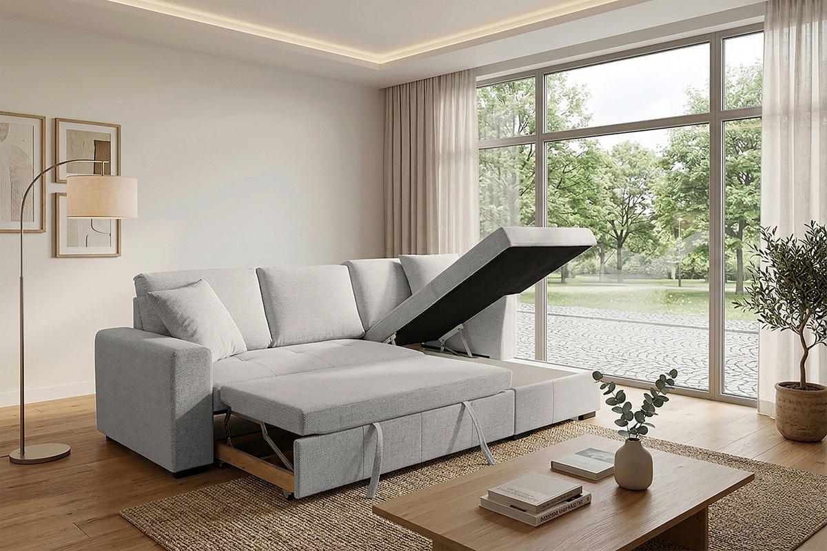 ECKSOFA LUKAS Creme Struktur Zierkissen, Bettkasten  - Creme, Trend, Textil (239/158cm) - P & B