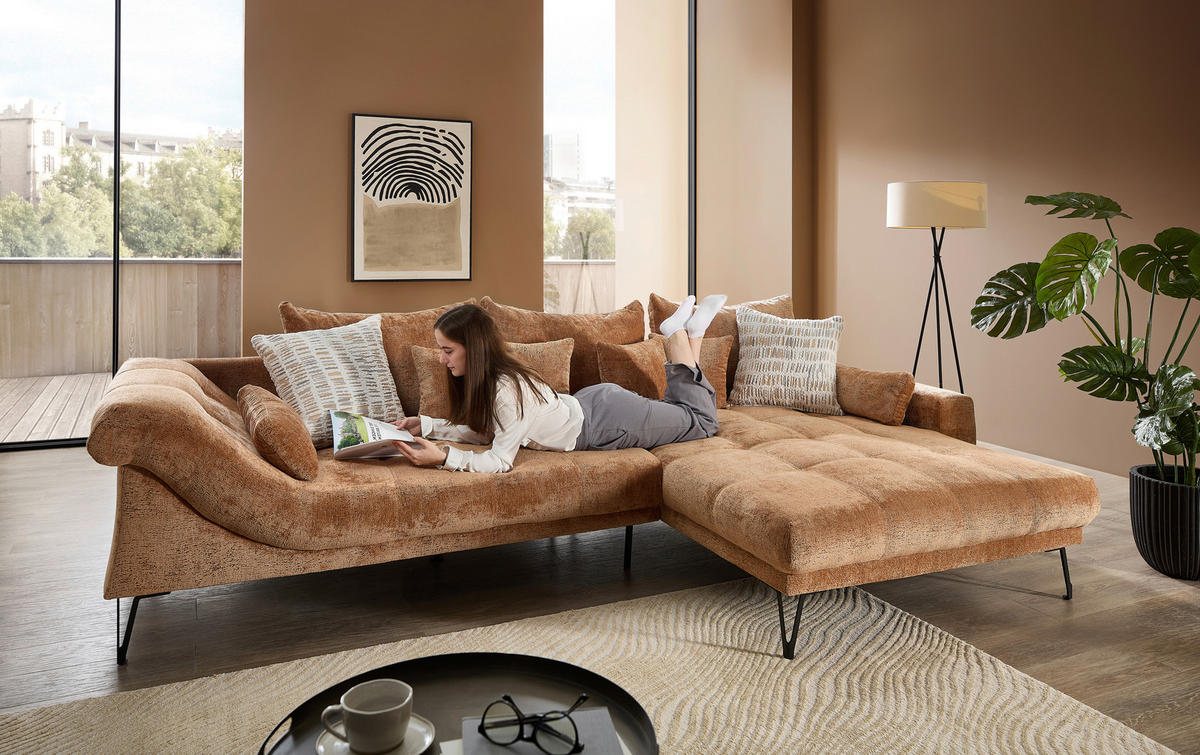 ECKSOFA GARDA Koralle Chenille Zierkissen, Rückenkissen, Nierenkissen, Rücken echt  - Koralle/Schwarz, KONVENTIONELL, Textil/Metall (310/192cm) - Livetastic