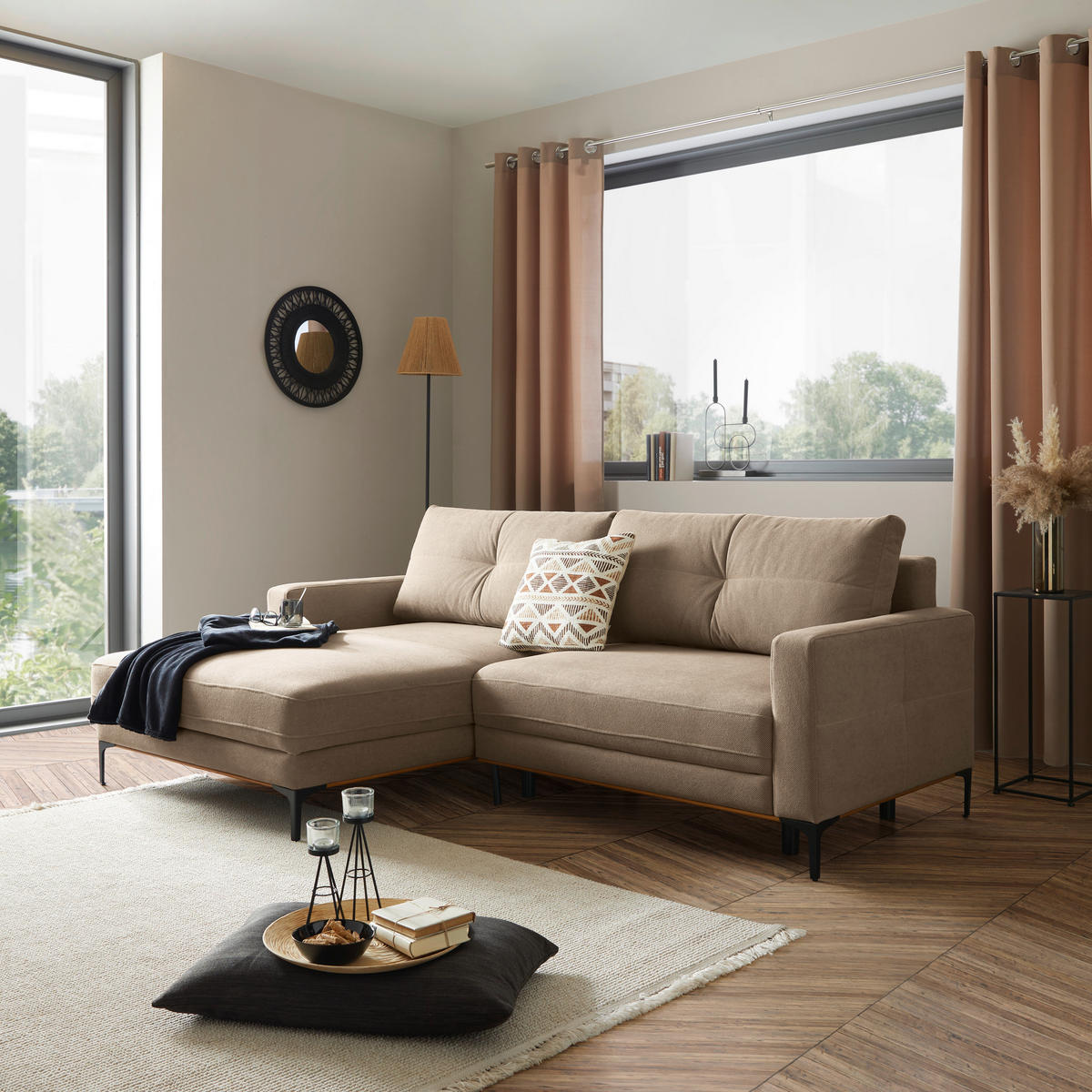 ECKSOFA in Hellbraun  - Hellbraun/Schwarz, Modern, Textil/Metall (162/238cm) - Ondega
