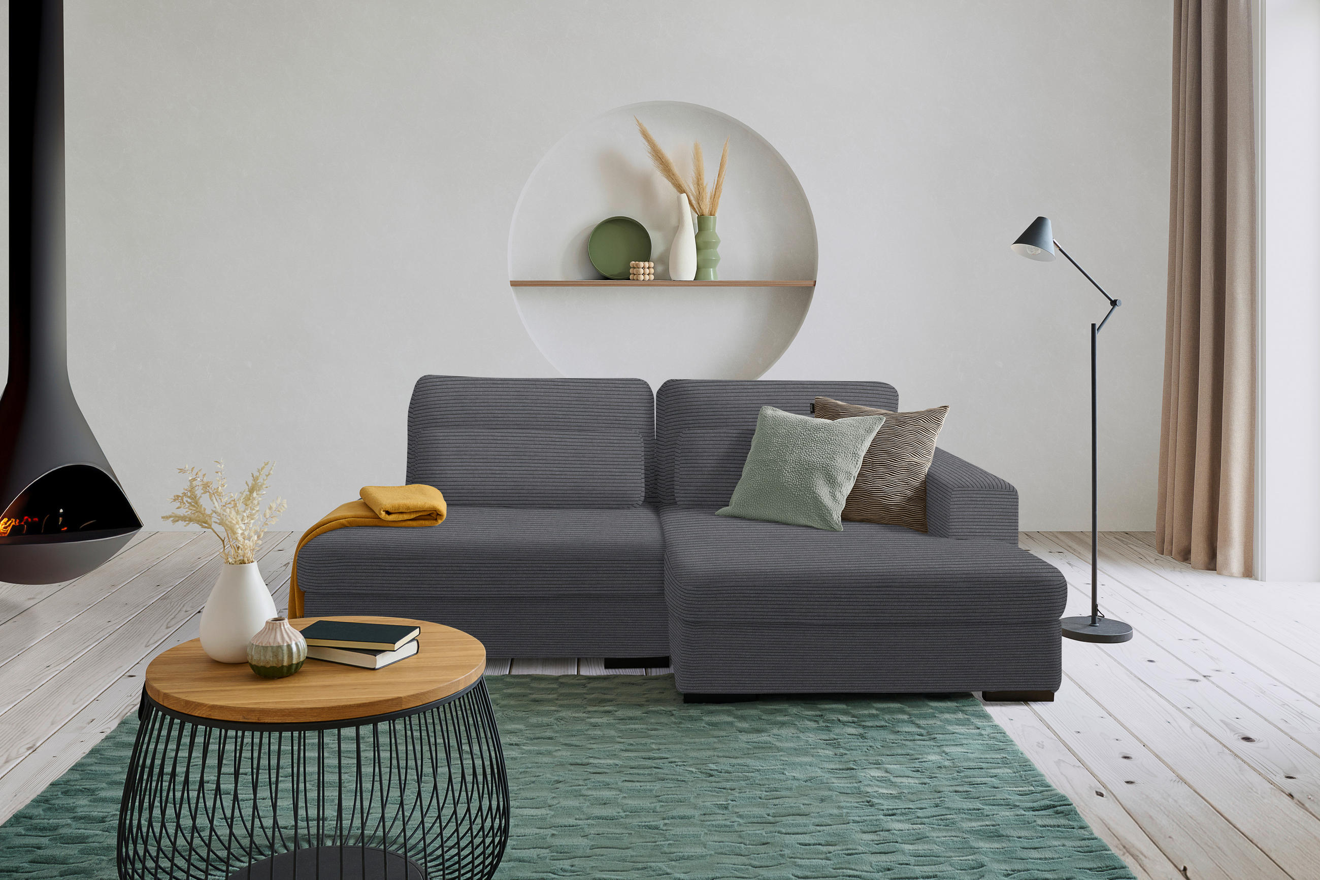 ECKSOFA Dunkelgrau Cord  - Dunkelgrau/Schwarz, Design, Kunststoff/Textil (223/158cm) - Lomoco