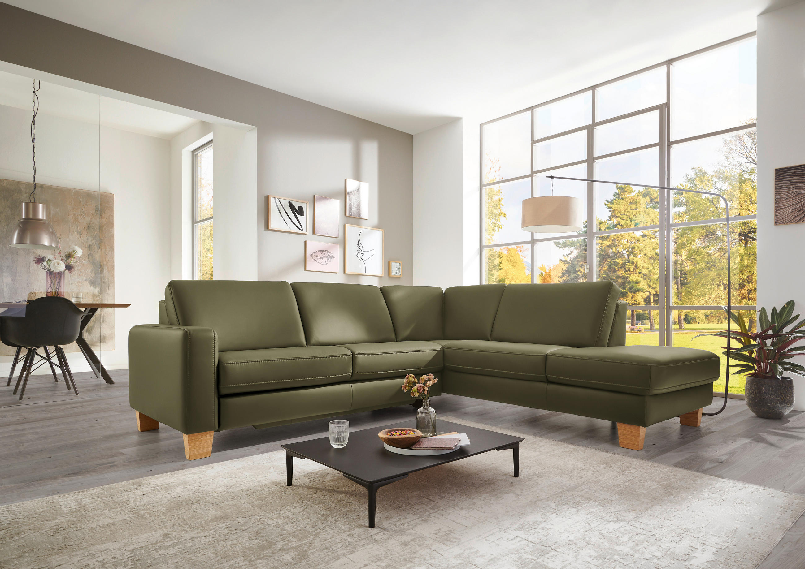 ECKSOFA in Echtleder Grün  - Eiche Bianco/Grün, Natur, Leder/Holz (257/235cm) - Valdera