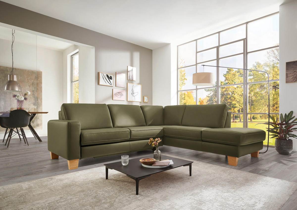ECKSOFA in Echtleder Grün  - Eiche Bianco/Grün, Natur, Leder/Holz (257/235cm) - Valdera