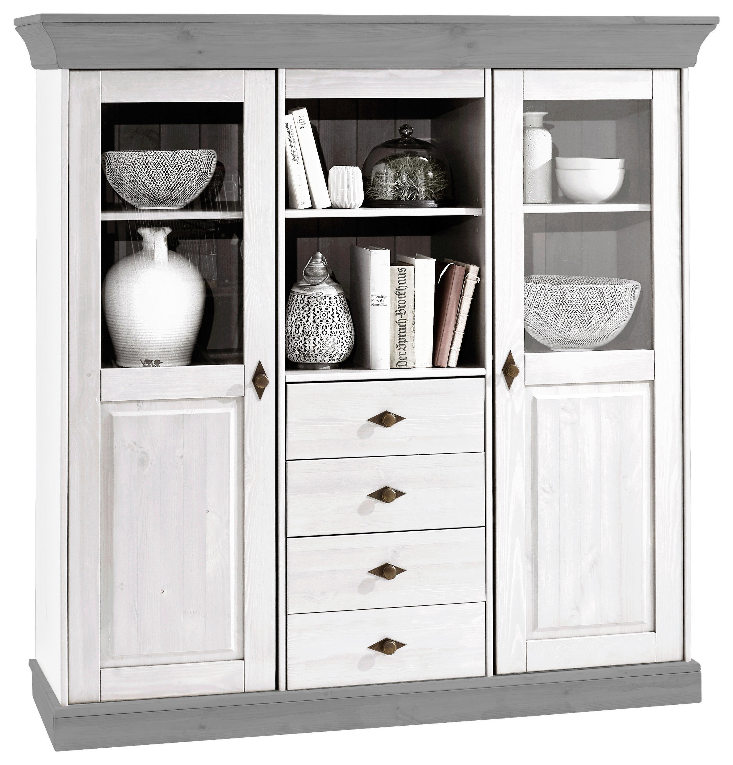 HIGHBOARD  in 143/145/45 cm  - Weiß/Grau, ROMANTIK / LANDHAUS, Glas/Holz (143/145/45cm) - Boxxx