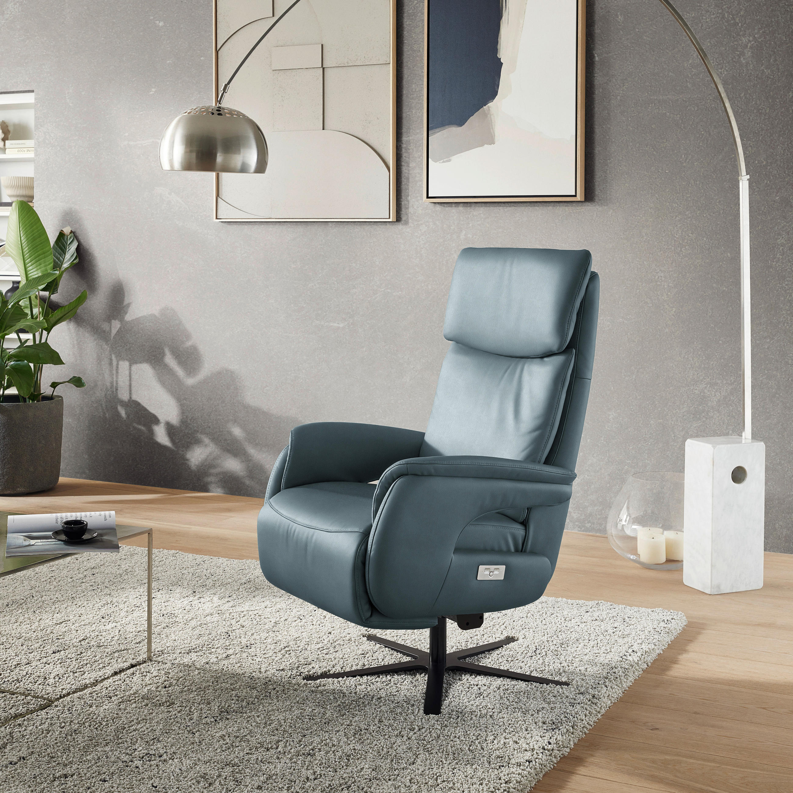 RELAXSESSEL Echtleder    - Graublau/Schwarz, Design, Leder/Metall (70/115-119/85cm) - Dieter Knoll