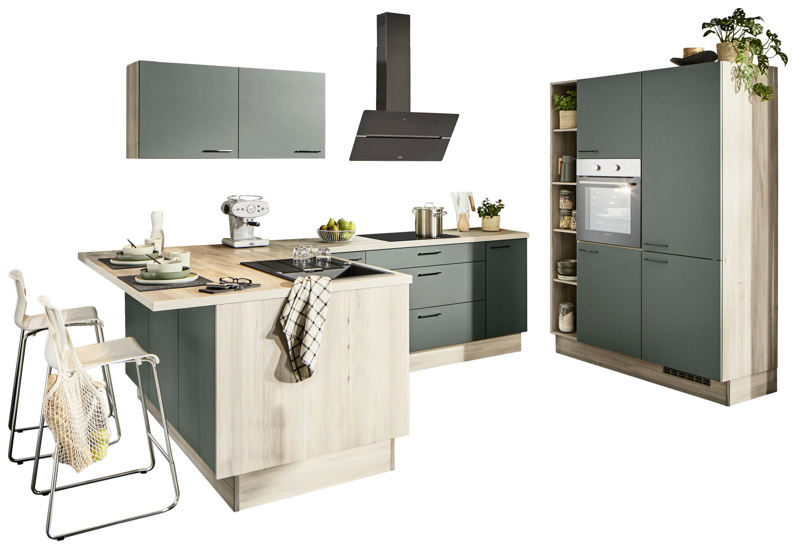 ECKKÜCHE XO 10  in Grün, Tannenholzfarben  - Tannenholzfarben/Schwarz, Basics, Holzwerkstoff/Metall (121,6/280/150cm) - Xora