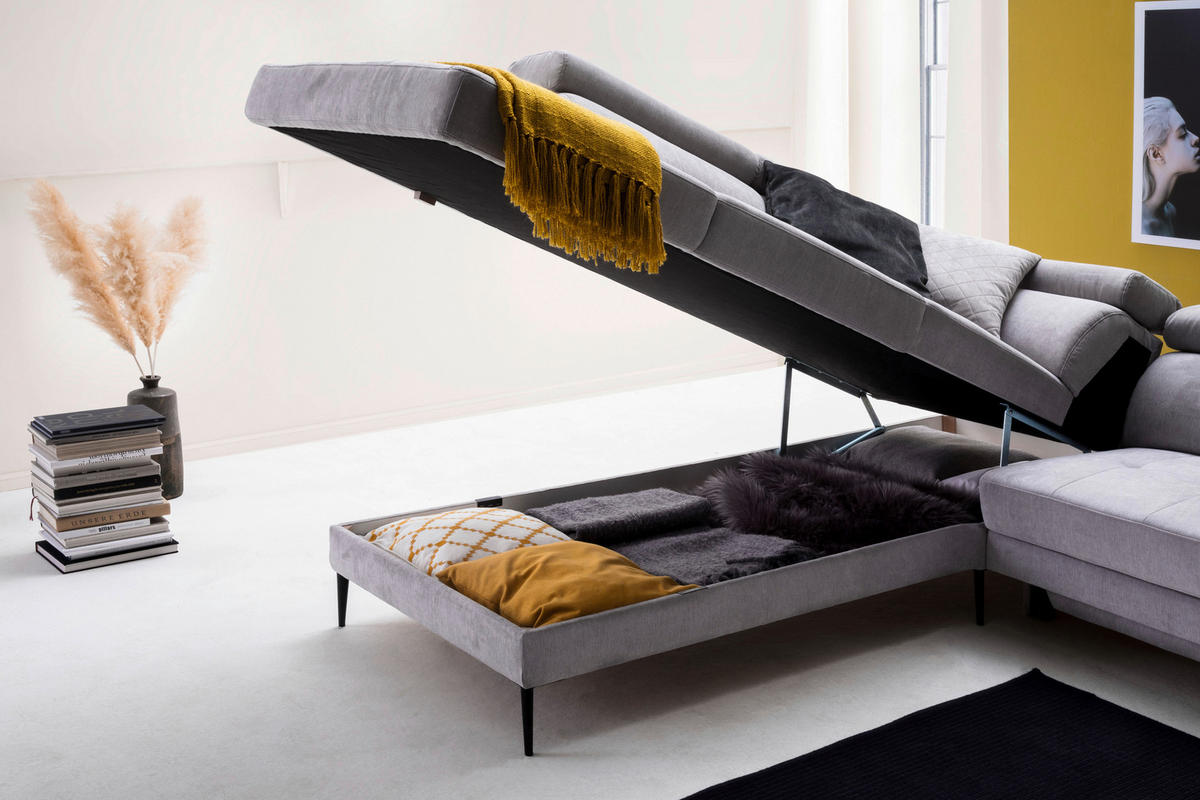 ECKSOFA in Velours Grau  - Schwarz/Grau, Design, Textil/Metall (236/262cm) - Hom`in