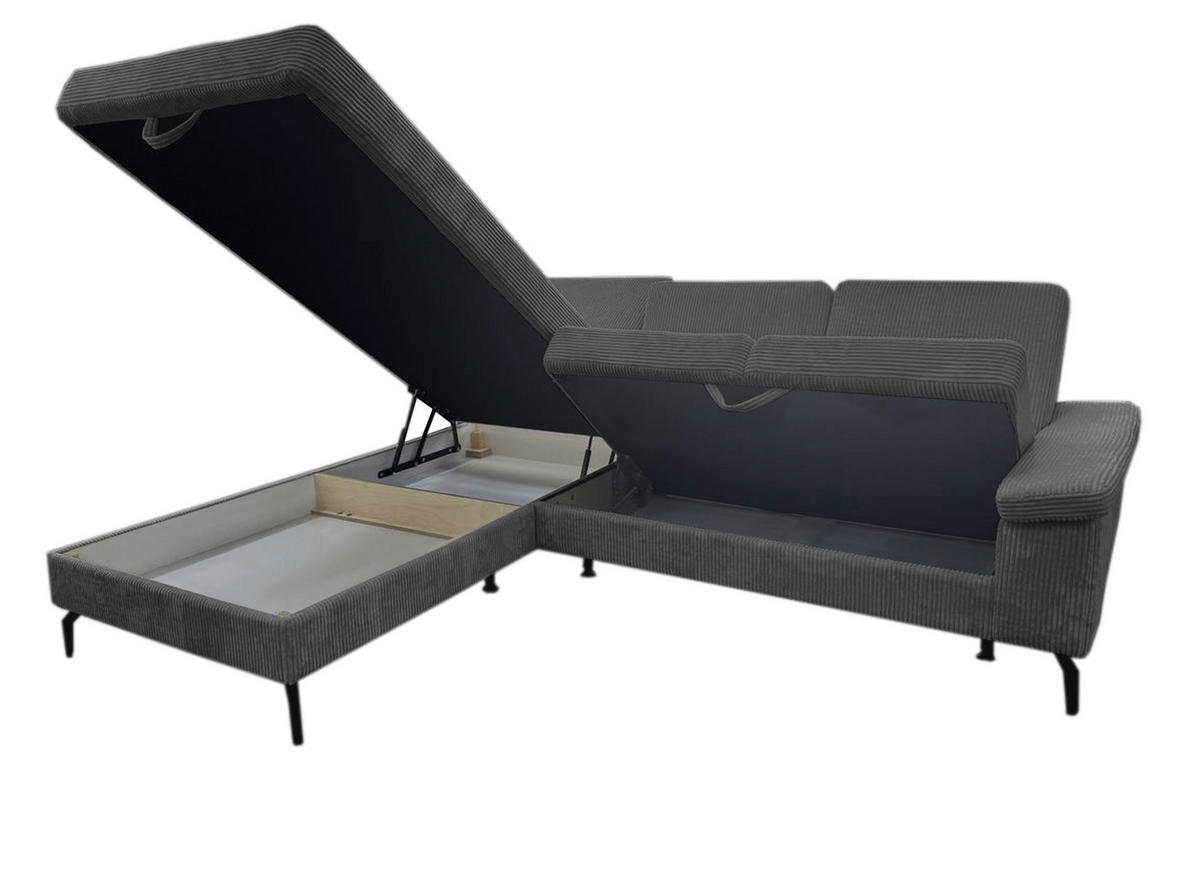 ECKSOFA Anthrazit Velours Bettkasten, Sitzvorzug  - Anthrazit/Schwarz, KONVENTIONELL, Textil/Metall (206/253cm) - Venda