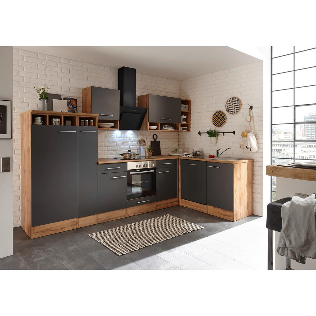 Eckküche Economy mit Geräten 310x172 cm Grau/Eiche Dekor