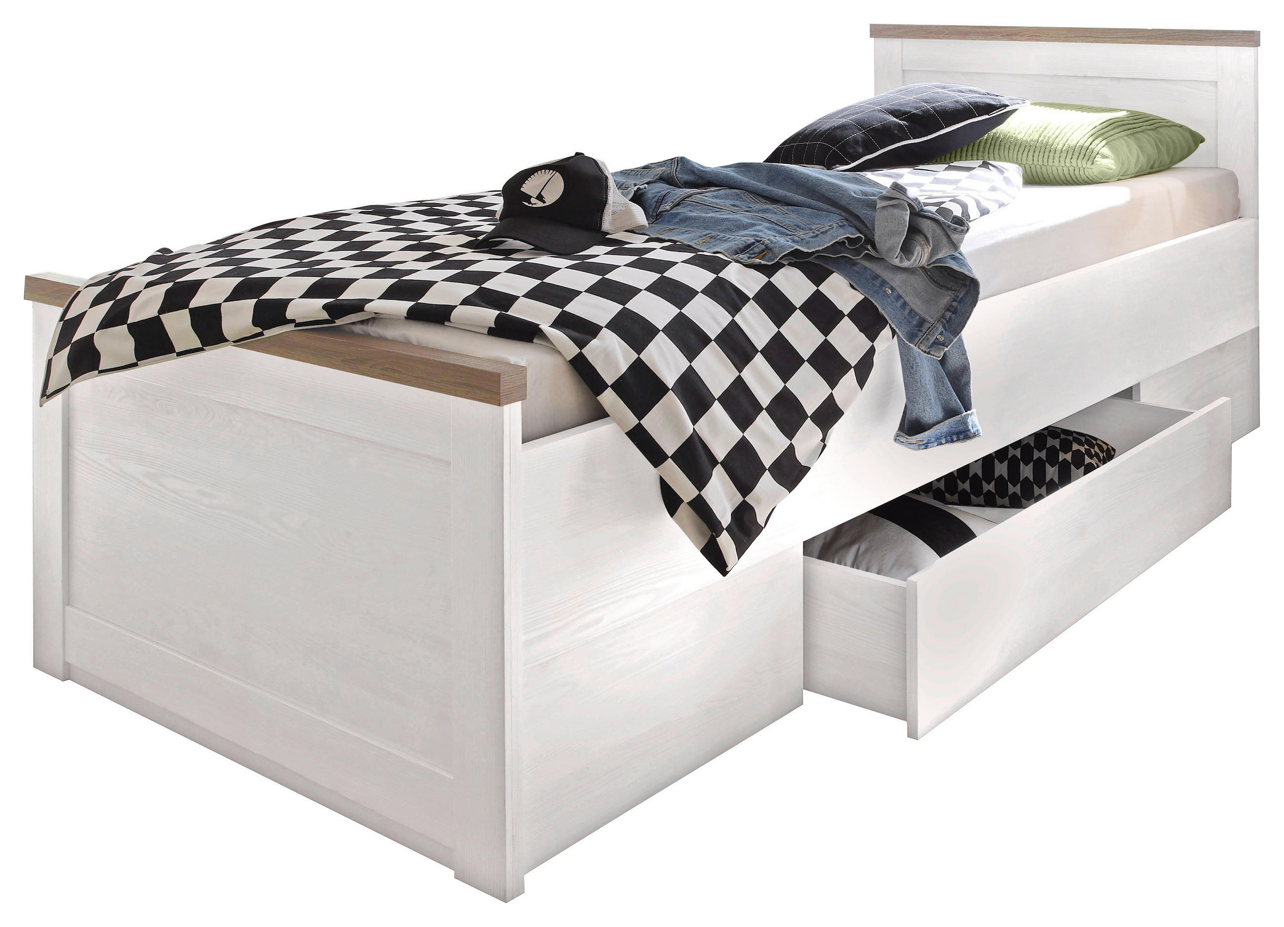 Carryhome Stauraumbett Weiß, Trüffeleiche 90x200 cm