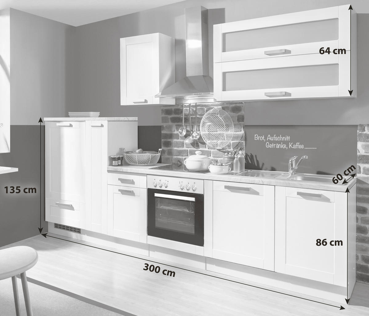 KÜCHENBLOCK 300 cm   in Weiß  - Eichefarben/Silberfarben, KONVENTIONELL, Holzwerkstoff/Kunststoff (300cm) - Menke