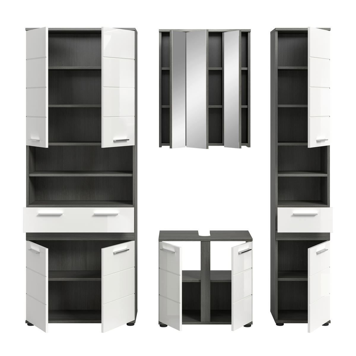 BADEZIMMER 4-teilig  in 195 cm  - Weiß Hochglanz/Silberfarben, Trend, Glas/Holzwerkstoff (195cm) - MID.YOU