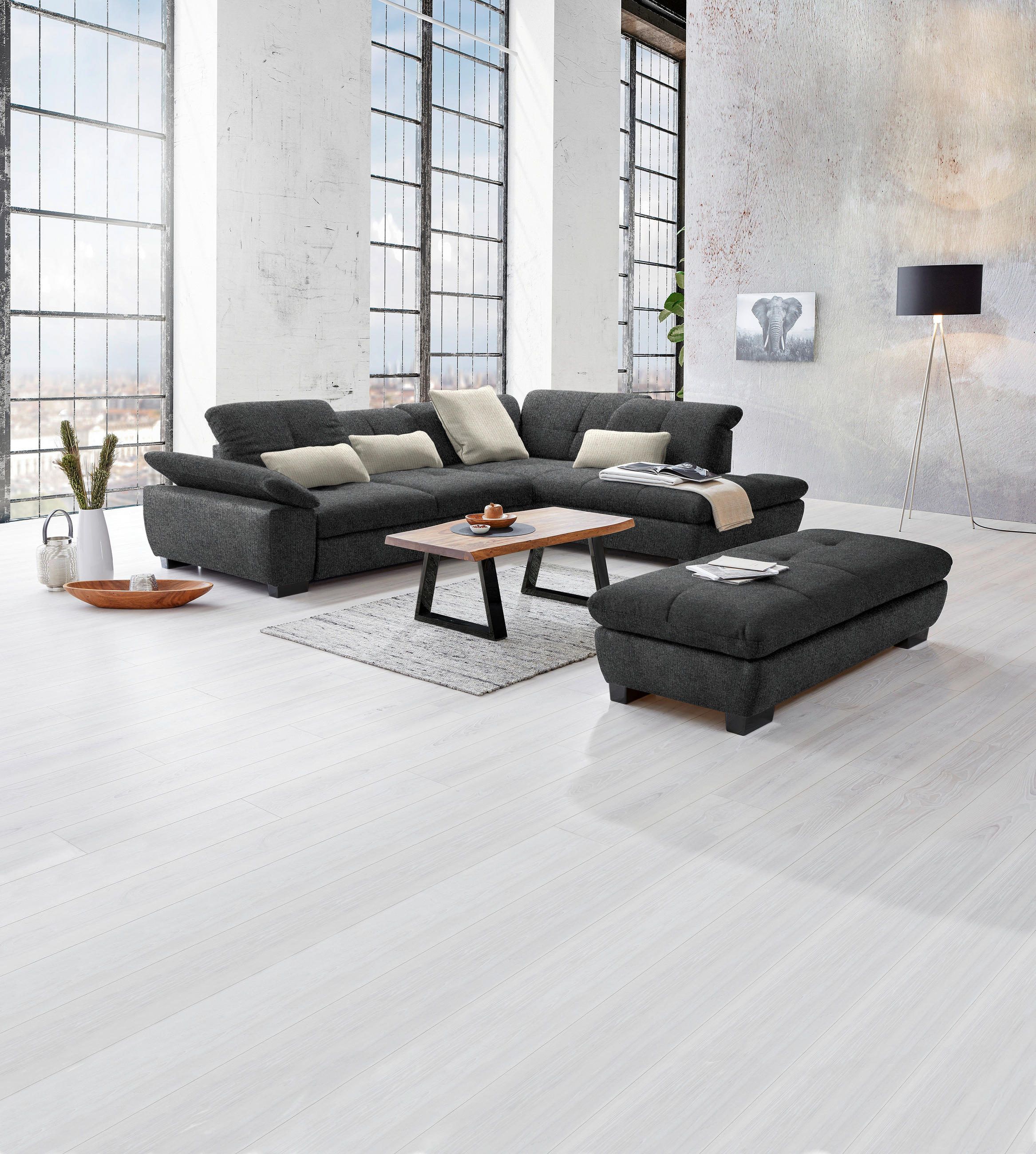 ECKSOFA in Flachgewebe Dunkelgrau  - Dunkelgrau/Schwarz, Design, Textil/Metall (313/242cm) - Xora
