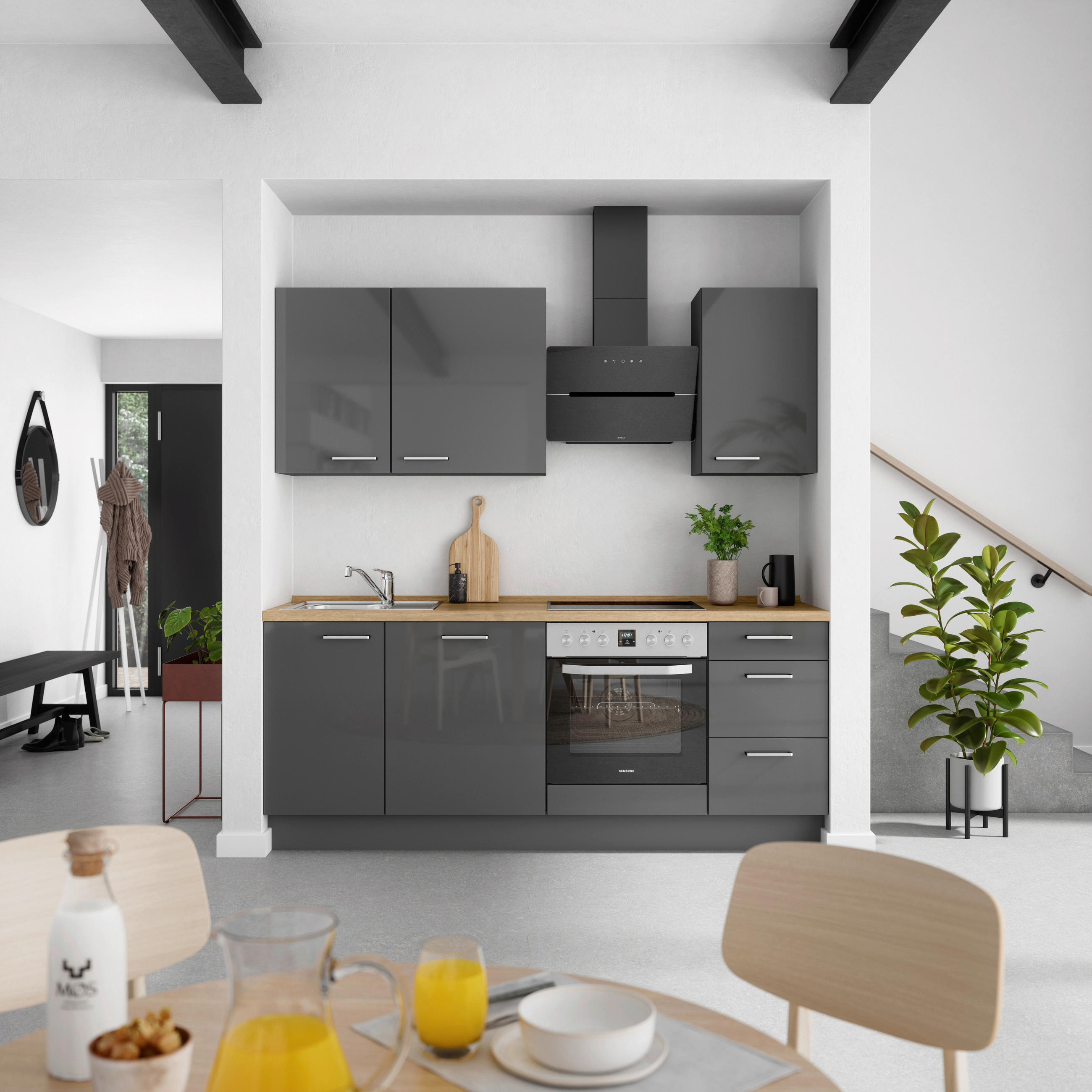 KÜCHENBLOCK Flash 210 cm  in Eichefarben, Schieferfarben  - Schieferfarben/Edelstahlfarben, MODERN, Holzwerkstoff/Metall (210cm) - Nobilia
