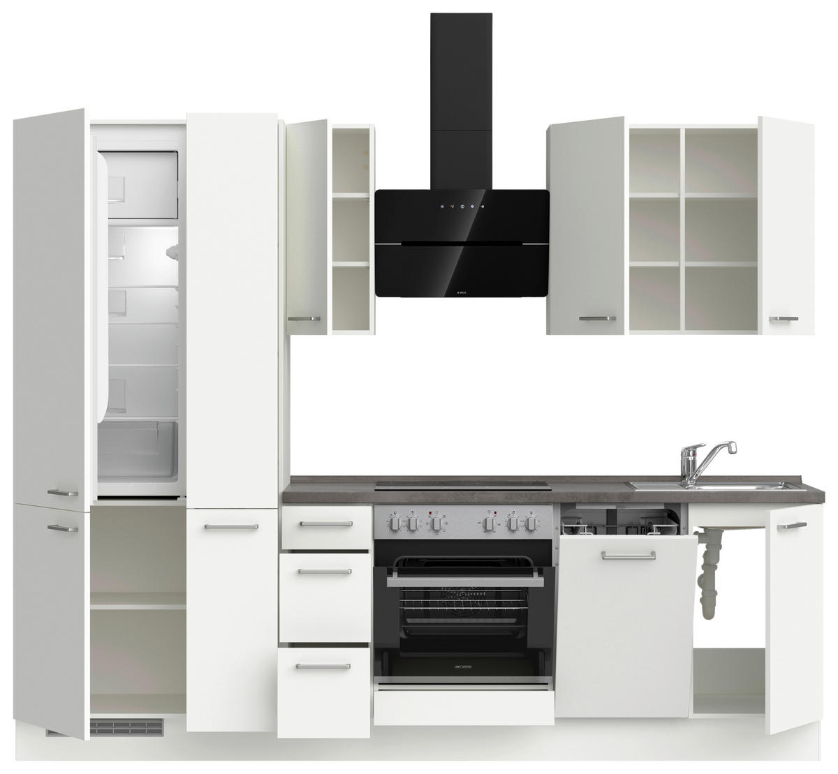 BUCĂTĂRIE FĂRĂ ELECTROCASNICE  - alb/culoare inox, Modern, metal/material pe bază de lemn (270cm) - Nobilia