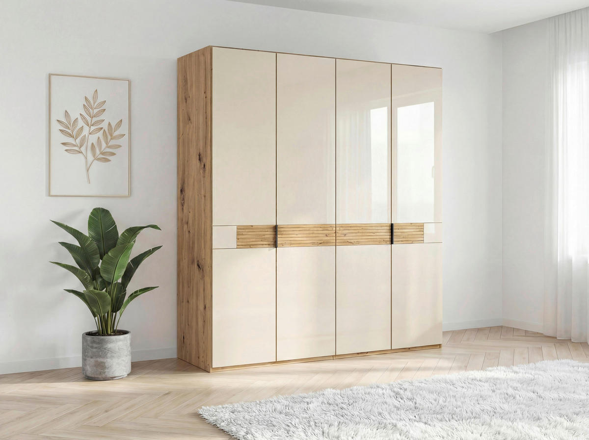 DREHTÜRENSCHRANK 200/216/58 cm,  in Champagner, Eiche Bianco, 4 Tür(en)  - Schieferfarben/Eiche Bianco, Design, Glas/Holz (200/216/58cm) - Musterring