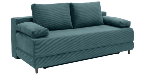 SCHLAFSOFA Cord Petrol Rückenkissen, Armlehnenkissen, Bettkasten, Schlaffunktion, Rücken echt, Liegefläche im Originalstoff  - Petrol/Schwarz, KONVENTIONELL, Holz/Textil (196/96/103cm) - Carryhome