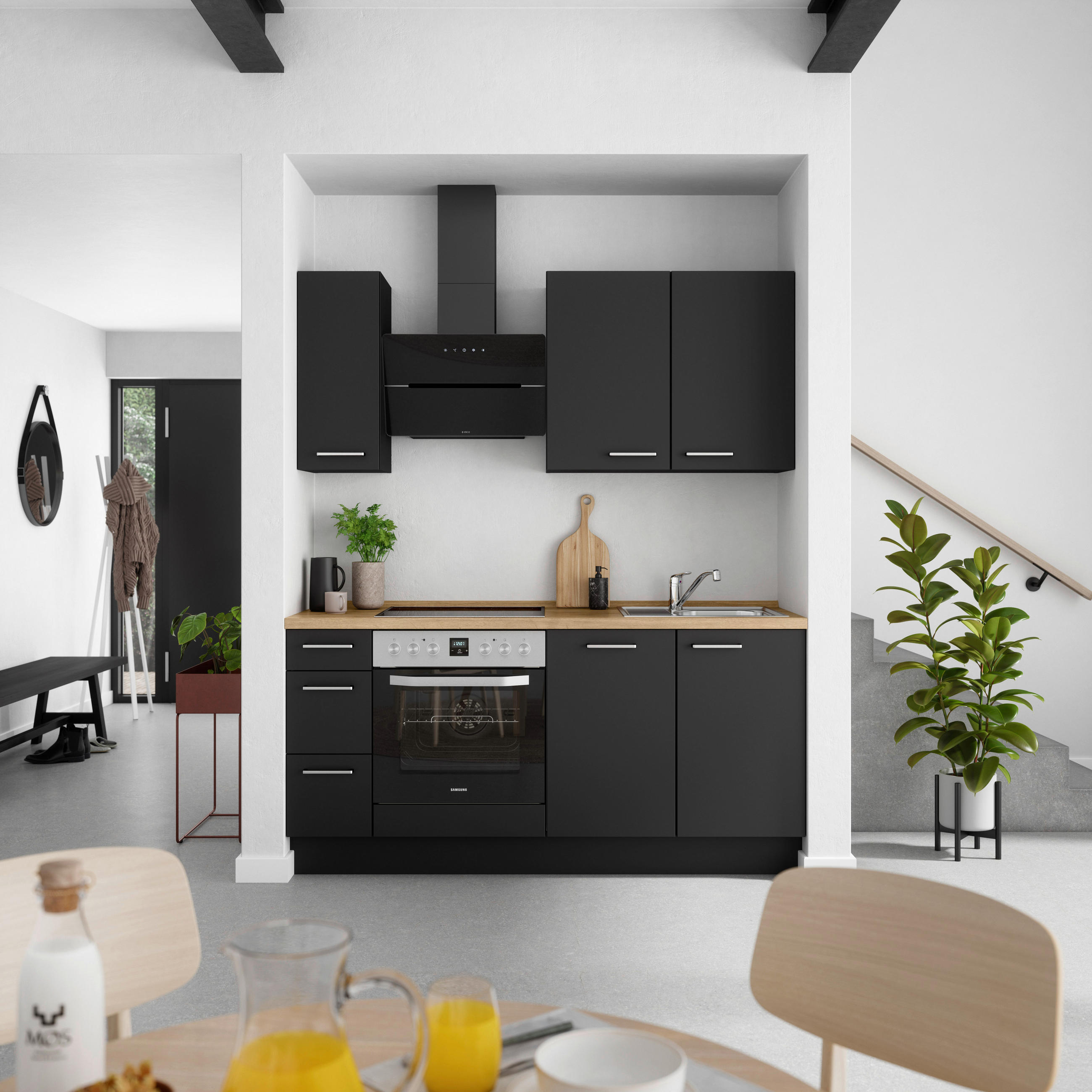 KÜCHENBLOCK 180 cm   in Schwarz, Eichefarben  - Edelstahlfarben/Eichefarben, MODERN, Holzwerkstoff/Metall (180cm) - Nobilia