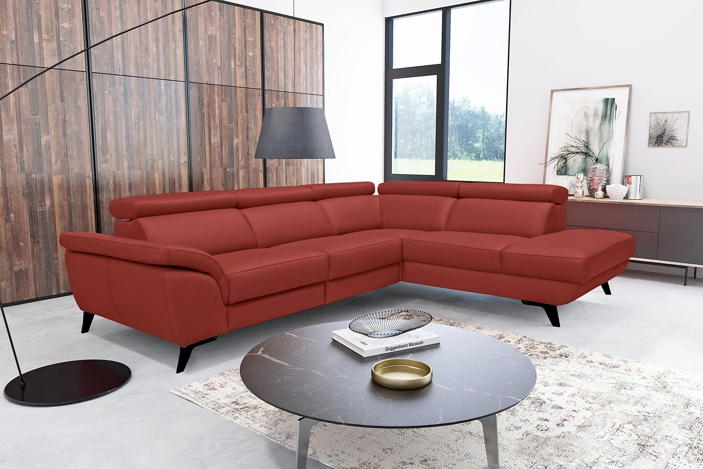 ECKSOFA Echtleder Rot  - Rot/Schwarz, Design, Leder/Metall (228/283cm) - Livetastic
