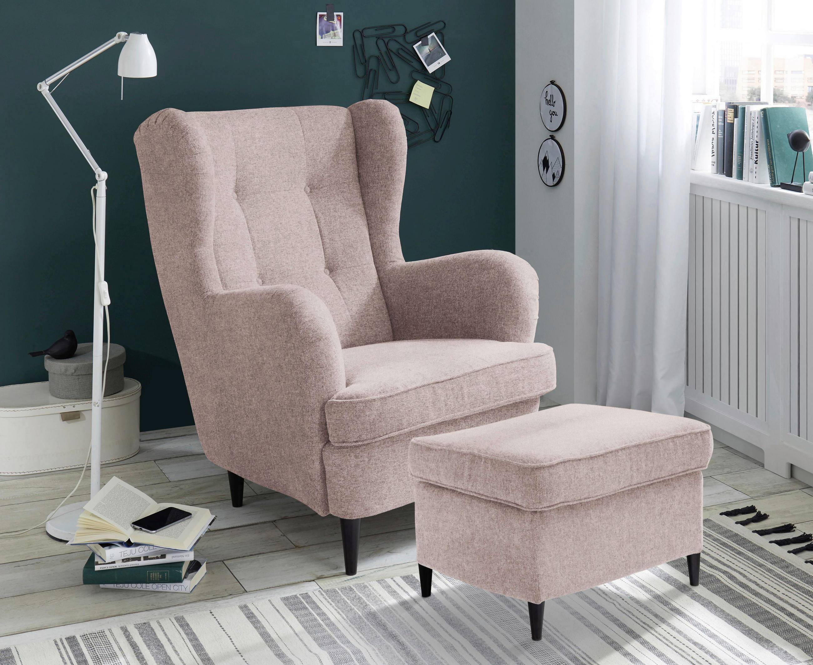 ÖRONLAPPSFÅTÖLJ i mikrovelour rosa  - svart/rosa, Basics, trä/textil (78/102/98cm) - MID.YOU