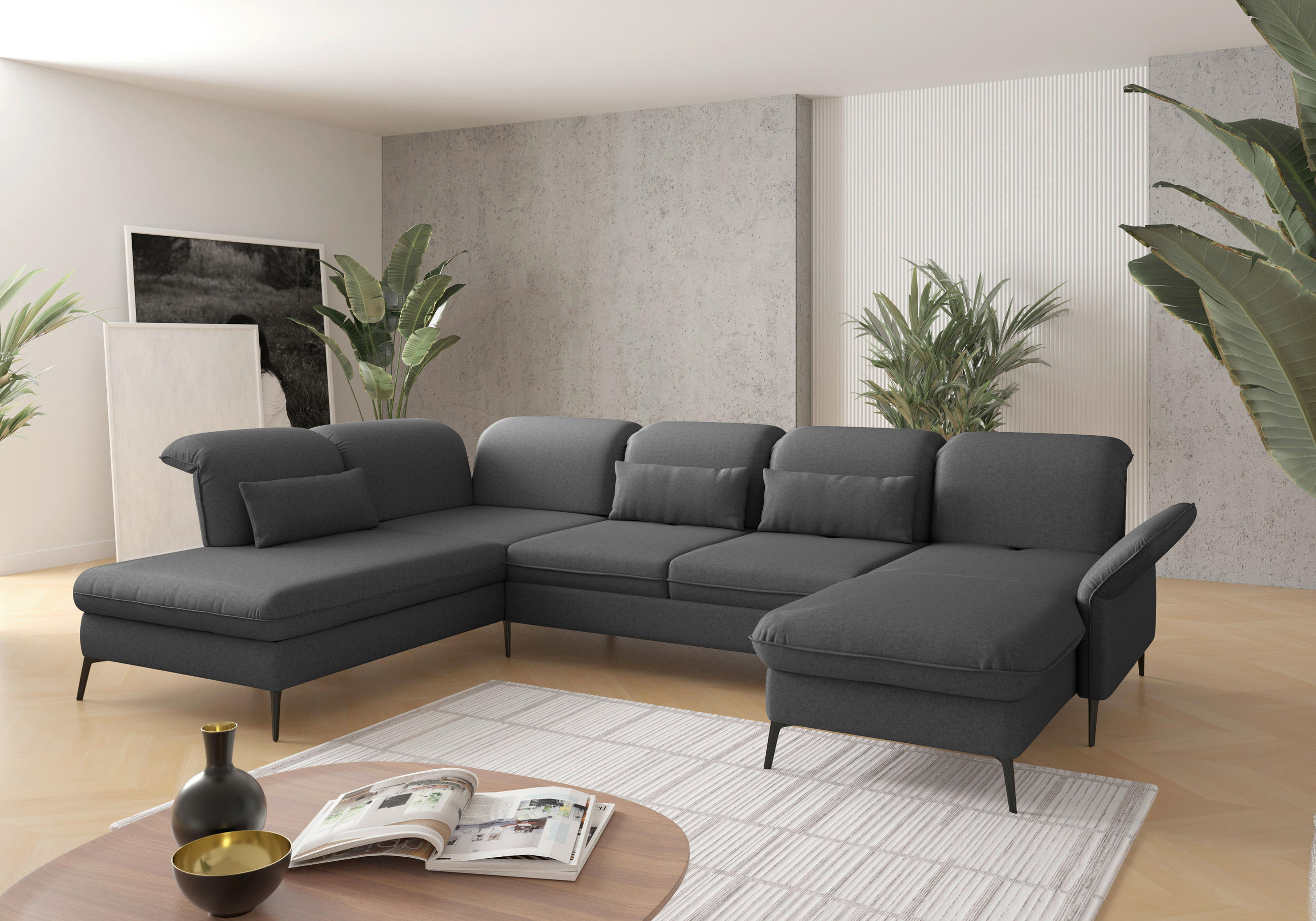 WOHNLANDSCHAFT Dunkelgrau Flachgewebe  - Dunkelgrau/Schwarz, KONVENTIONELL, Textil/Metall (231/359/198cm) - Sit & More