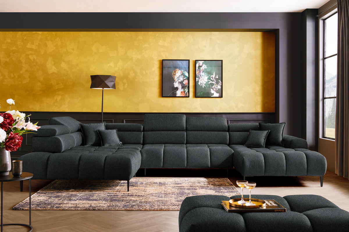 WOHNLANDSCHAFT Graphitfarben Webstoff  - Schwarz/Graphitfarben, Design, Textil/Metall (216/385/177cm) - Welnova