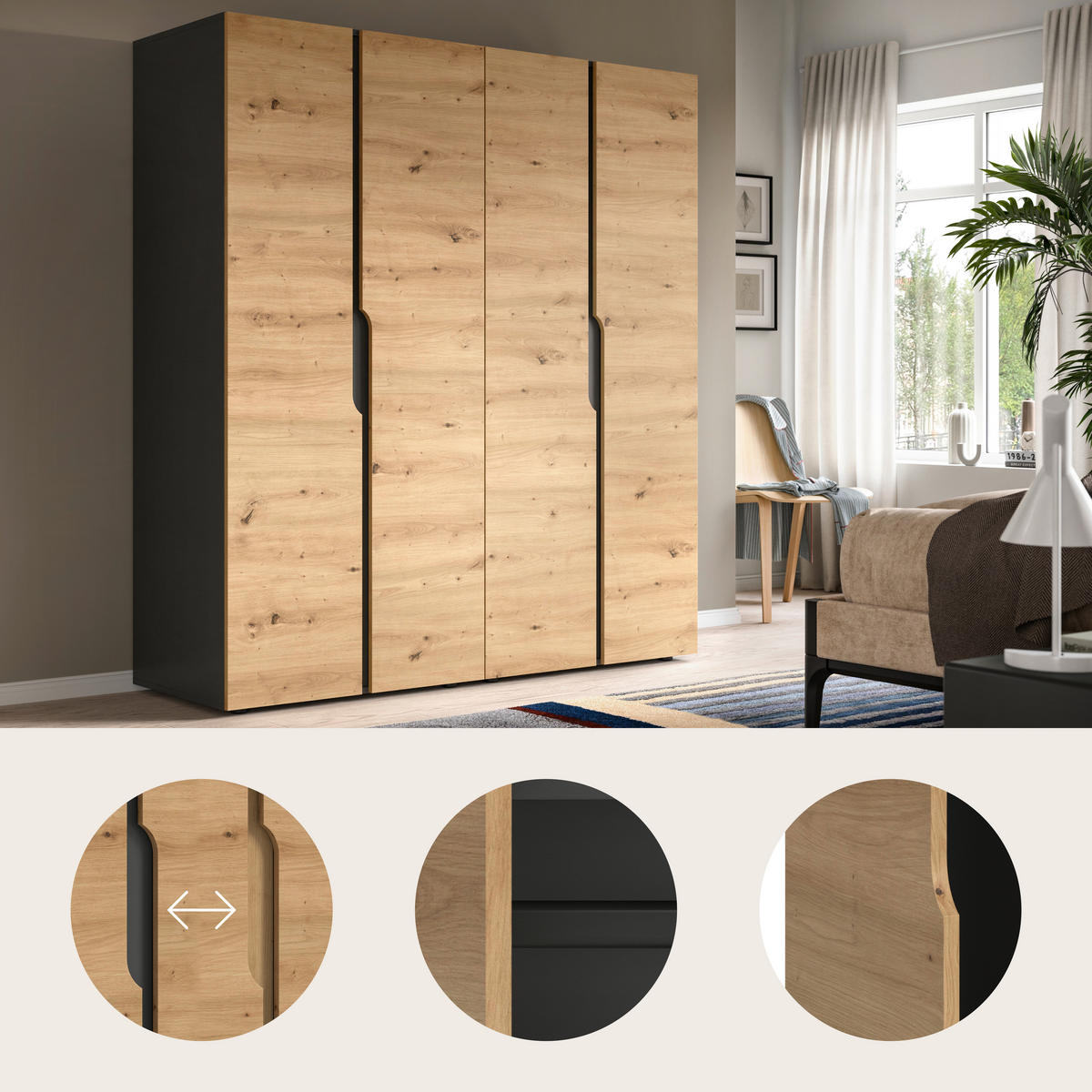 DREHTÜRENSCHRANK 160/180/51 cm,  in Anthrazit, Eiche Artisan, 4-türig  - Anthrazit/Eiche Artisan, MODERN, Holzwerkstoff (160/180/51cm) - MID.YOU