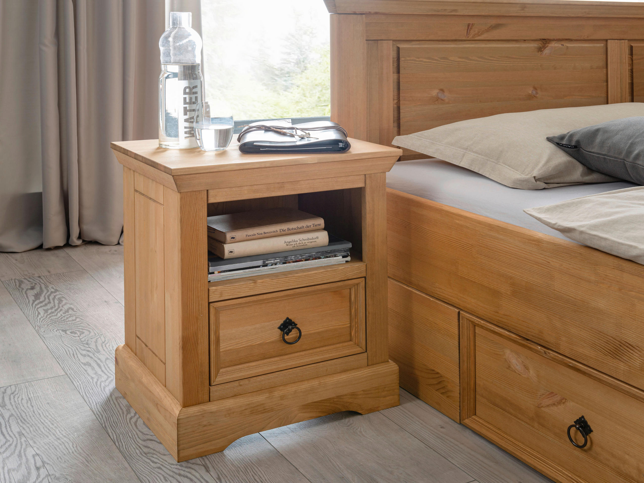 NACHTSCHRANK Kiefer massiv - Eichefarben/Schwarz, KONVENTIONELL, Holz/Metall (48/60/39cm) - Livetastic