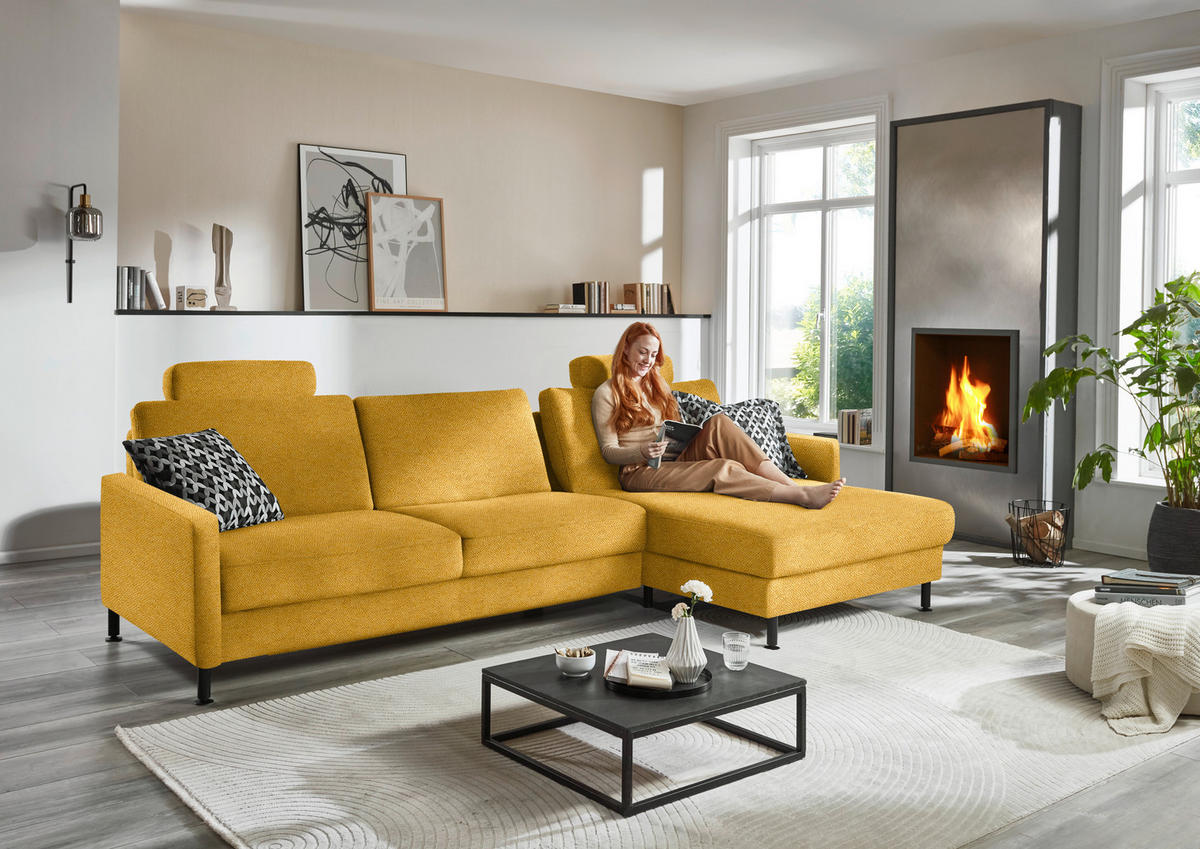 ECKSOFA  in Chenille, Flachgewebe Currygelb  316/175 cm  - Currygelb/Schwarz, Design, Textil/Metall (316/175cm) - Dieter Knoll