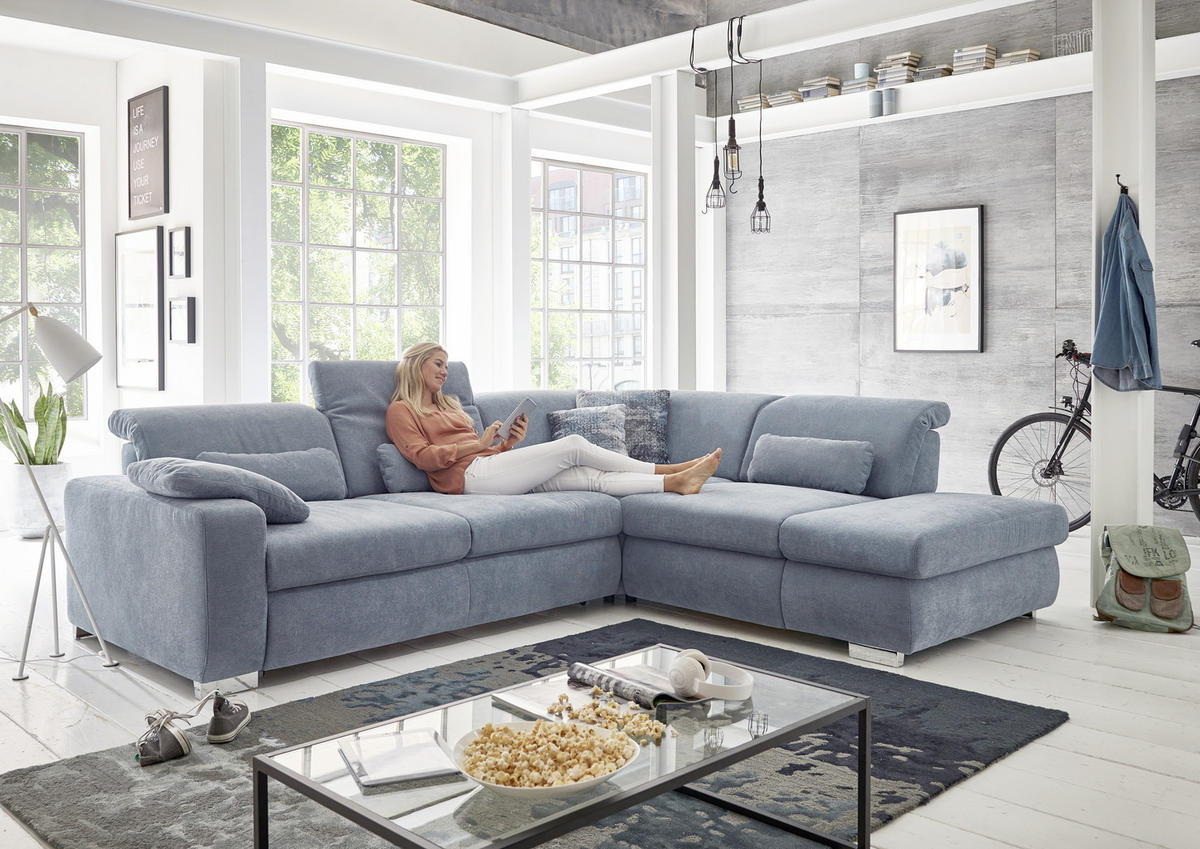 ECKSOFA in Flachgewebe Hellblau  - Chromfarben/Hellblau, Design, Textil/Metall (301/260cm) - Beldomo Style