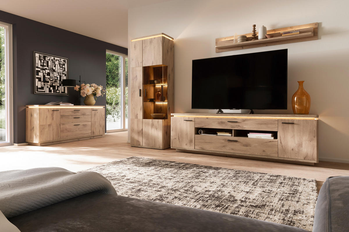 WOHNWAND 3-teilig  in Eichefarben  295/208/50 cm  - Eichefarben/Anthrazit, KONVENTIONELL, Glas/Holzwerkstoff (295/208/50cm) - Cantus