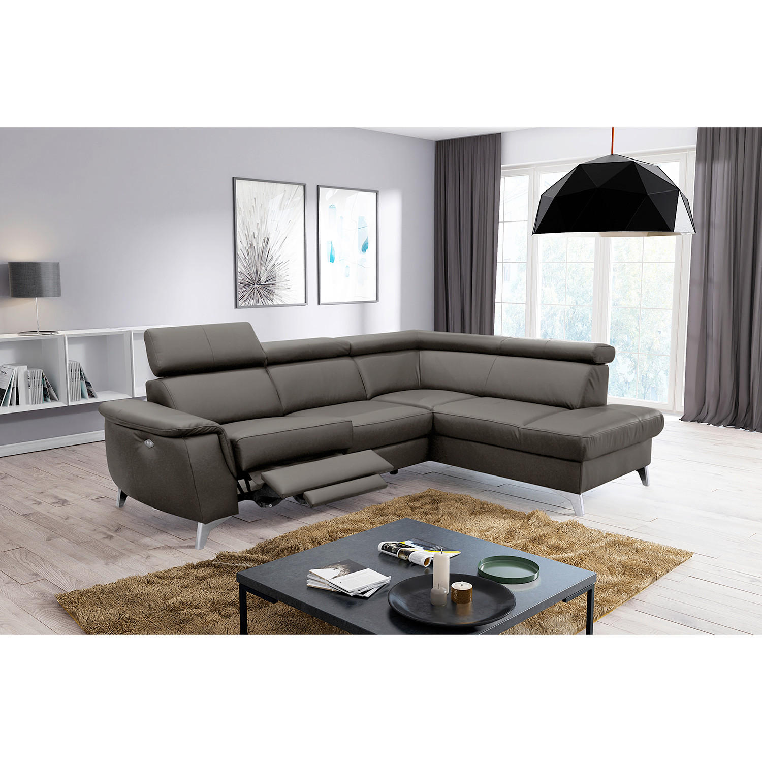 ECKSOFA Dunkelbraun Echtleder Lederlook  - Chromfarben/Dunkelbraun, Design, Leder/Textil (257/197cm) - Livetastic