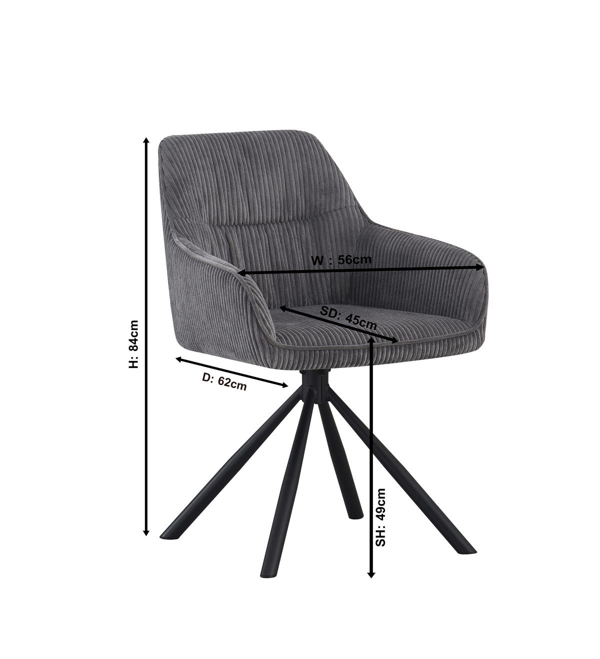 ARMLEHNSTUHL  in Eisen Cord  - Dunkelgrau/Schwarz, Design, Textil/Metall (56/83/62cm) - Carryhome