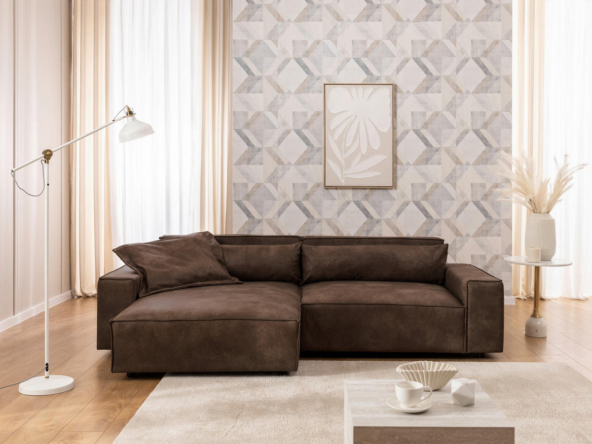 ECKSOFA Curduroy in Lederlook Braun Rückenkissen  251/142 cm  - Schwarz/Braun, Design, Kunststoff/Textil (251/142cm) - P & B